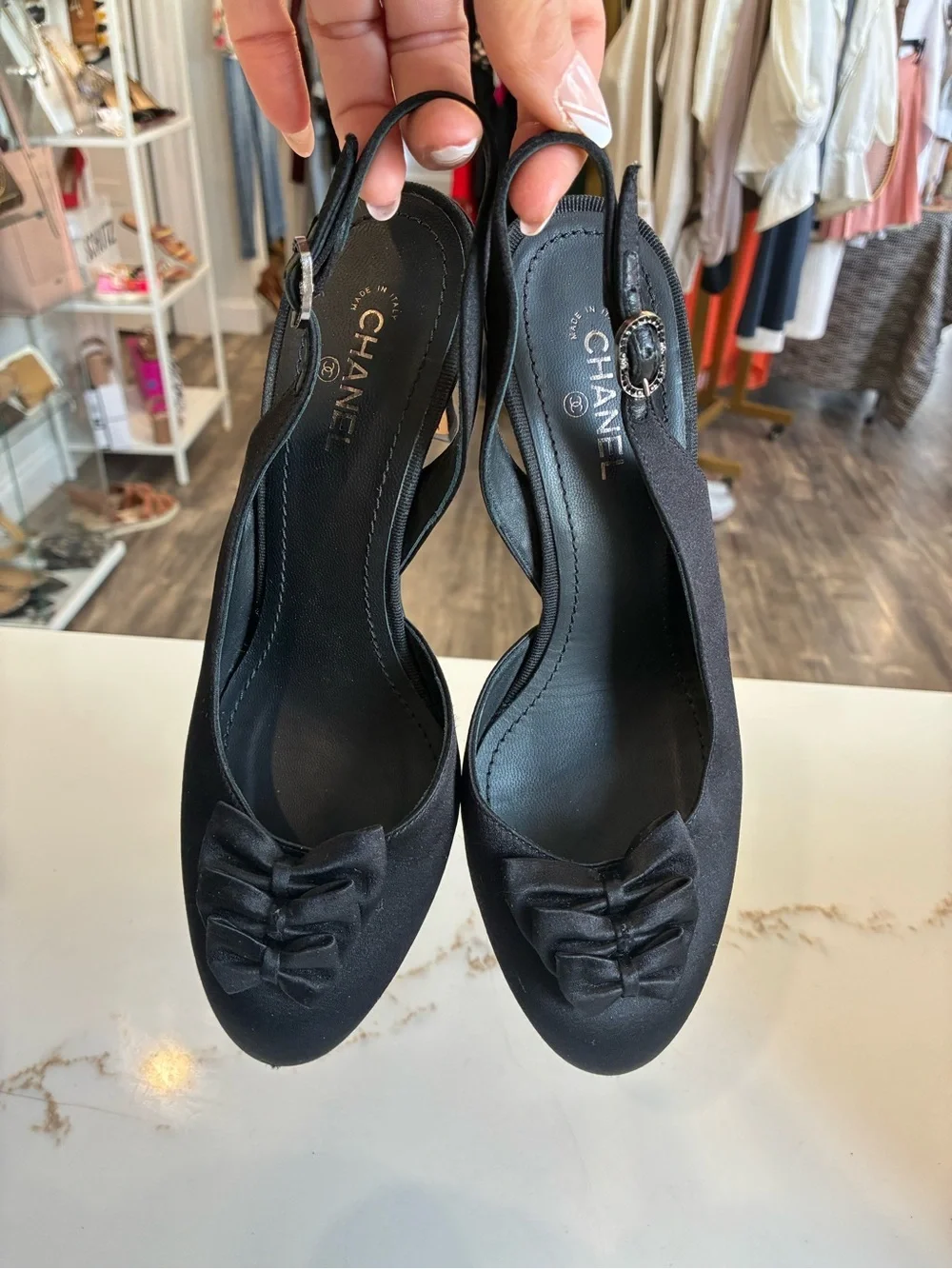 CHANEL Black Satin Slingback Pumps with Bow Accent